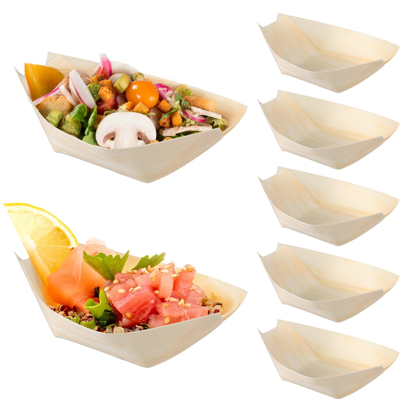 100 unidades Bandejas Descartáveis para Servir Sushi Barcos de Sushi de Madeira Pratos de Salada Sobremesa Bolo de Pinheiro Tigela de Lanche Bandejas de Servir Pratos de Comida