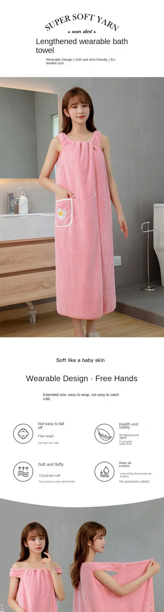 Bath Towel Household Women Wearable Wrap Adults Absorb Water Polyester Dry Hair Skirt Long Style Bathroom Washable Bathrobe