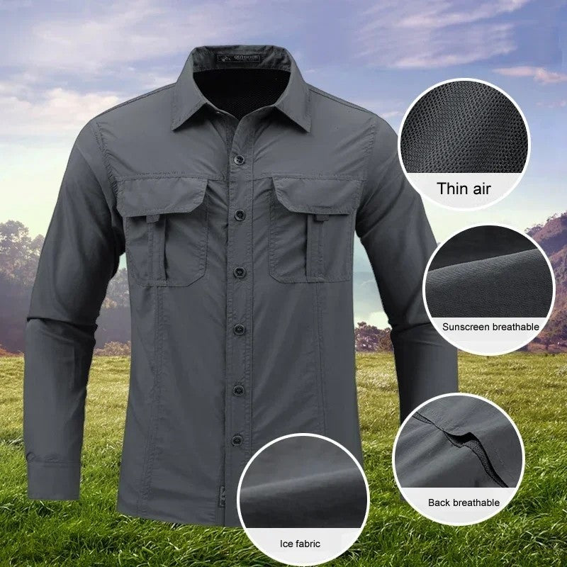 2024 New Quality Summer Plus Size Cargo Shirts Men Outdoor Multi-pocket ArmyGreen Waterproof Camping Fishing Long Sleeved Shirts