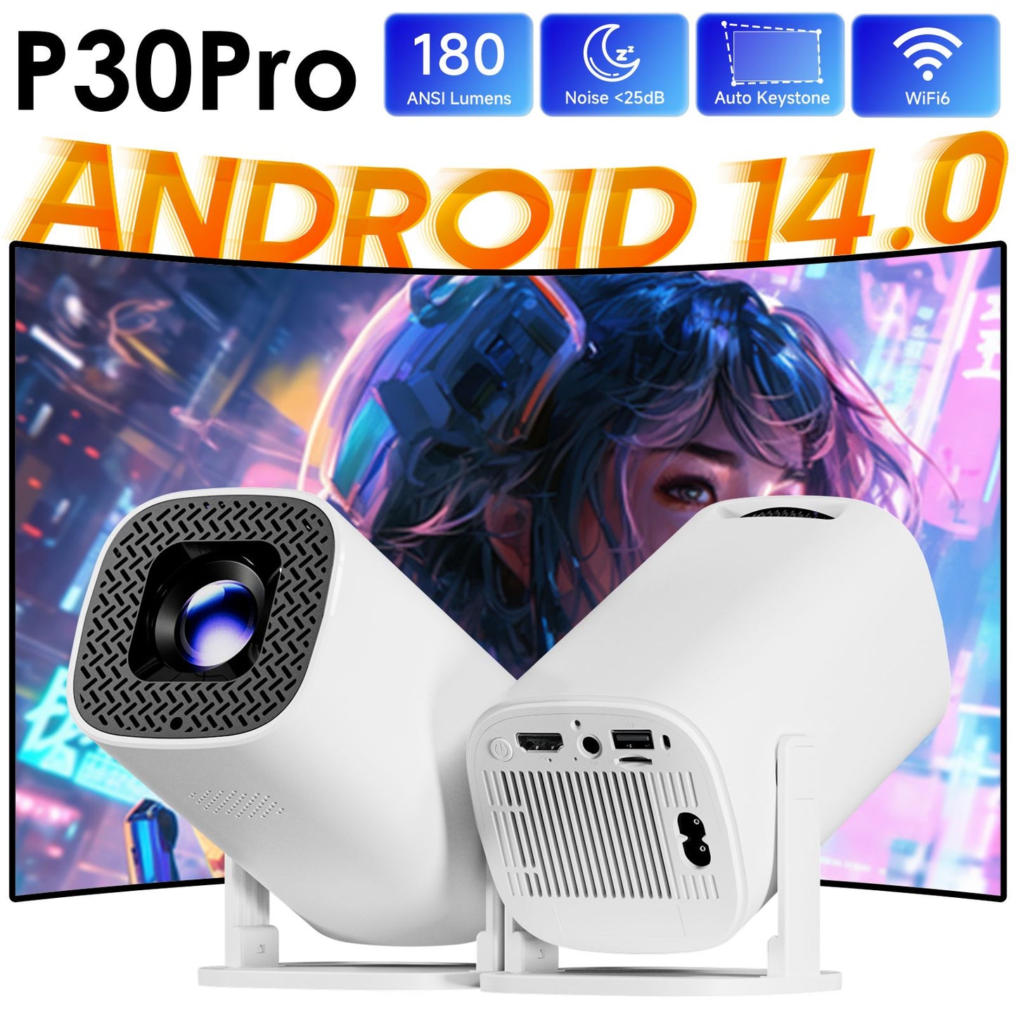 P30PRO Android 14 Smart Mini Projetor WiFi6 BT 5.0 Suporta 4K 1280 * 720P Suporta Espelhamento de Tela Projetor de Home Theater
