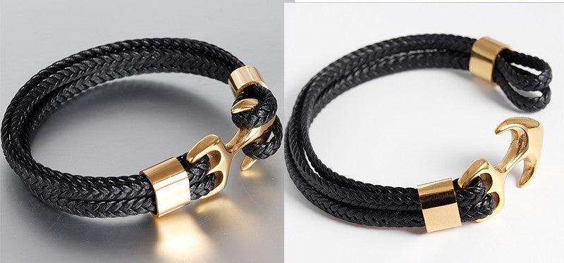 Pulseiras de Âncora Punk de Aço Inoxidável Pulseira de Couro Genuíno e Braceletes Masculinos Joias Pretas Presente de Moda