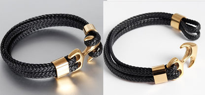 Pulseiras de Âncora Punk de Aço Inoxidável Pulseira de Couro Genuíno e Braceletes Masculinos Joias Pretas Presente de Moda