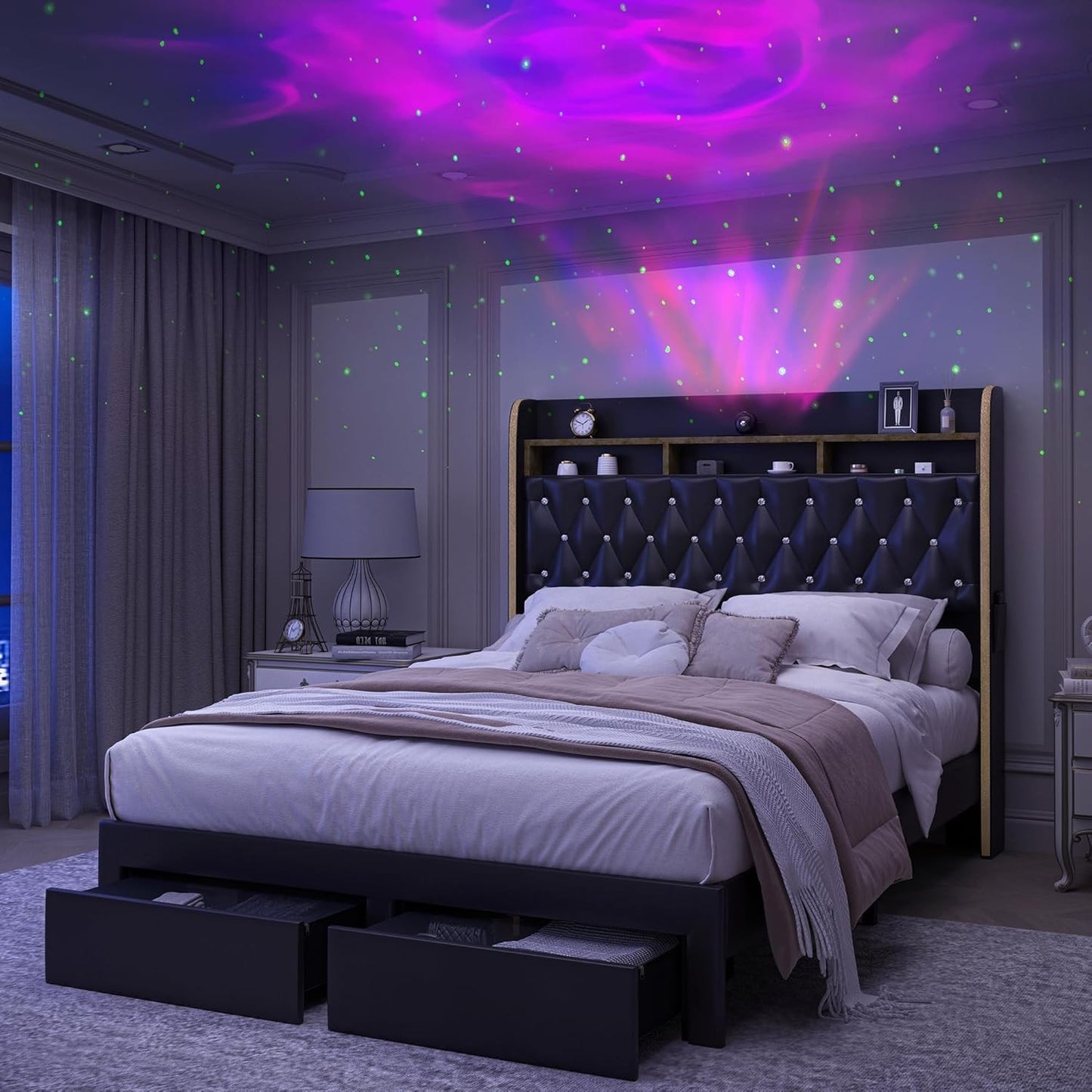 Cama Queen LED com 2 Gavetas de Armazenamento, Plataformas Estofadas em PU com Projetor Estrelas Galáxia Estação de Carregamento e Alto-falante, Au