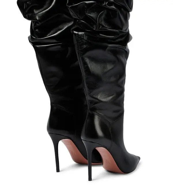 Women's New Pointed Pleated High-heeled Knee High Boots, Autumn and Winter Suede Thigh Boots, Women's Plus Size Stacking Boots