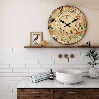 1pc 10-16inch wooden wall clock, retro flower and colorful butterfly design wall clock, silent clock, suitable for living room b