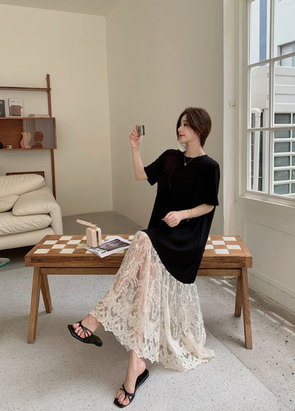 NYFS plus Size Women's Lave Patchwork Dress Summer 2025 Loose Long Dresses Robe Elbise Short Sleeve Korean Style Floral Hem