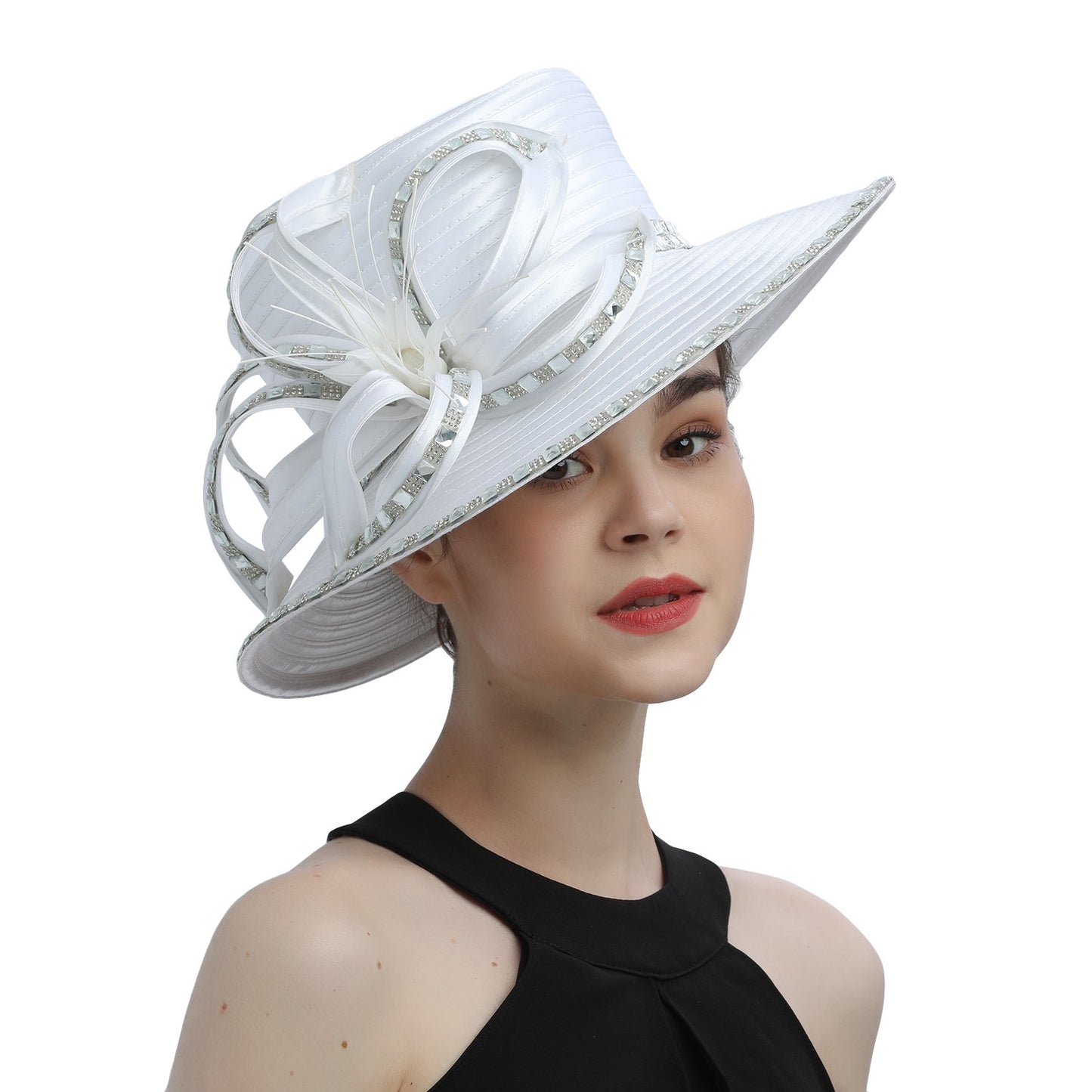 Deluxe New White Church Hat Party Banquet Satin Cloth Photography Hats Premium Chains Formal Hat Flower Top Cap For Women Ladies