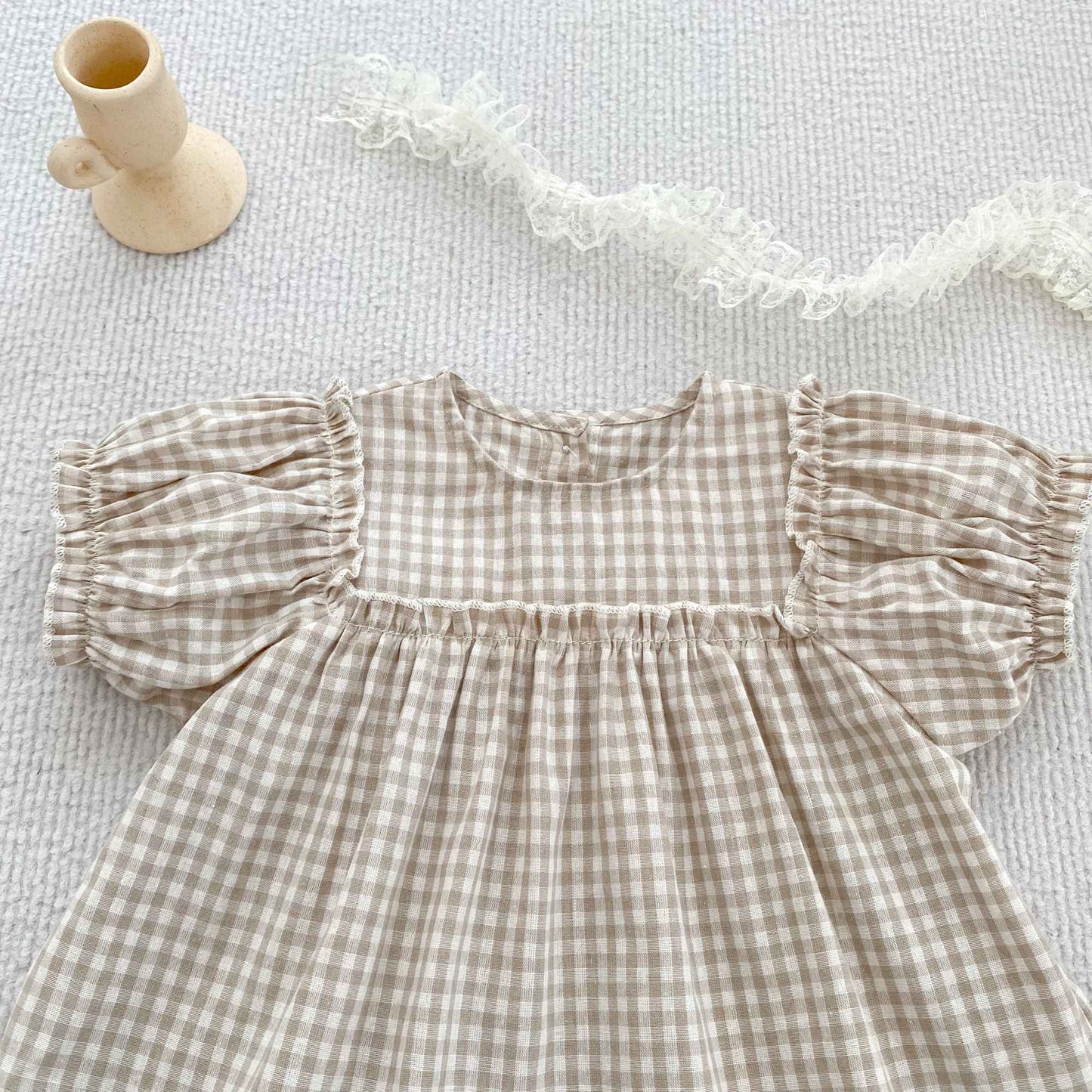 Girls Summer Fashion Set Children's Embroidered Grid Puff Sleeve Top+Shorts Two Piece Cute Baby Girls Clothes Set Baby Clothes