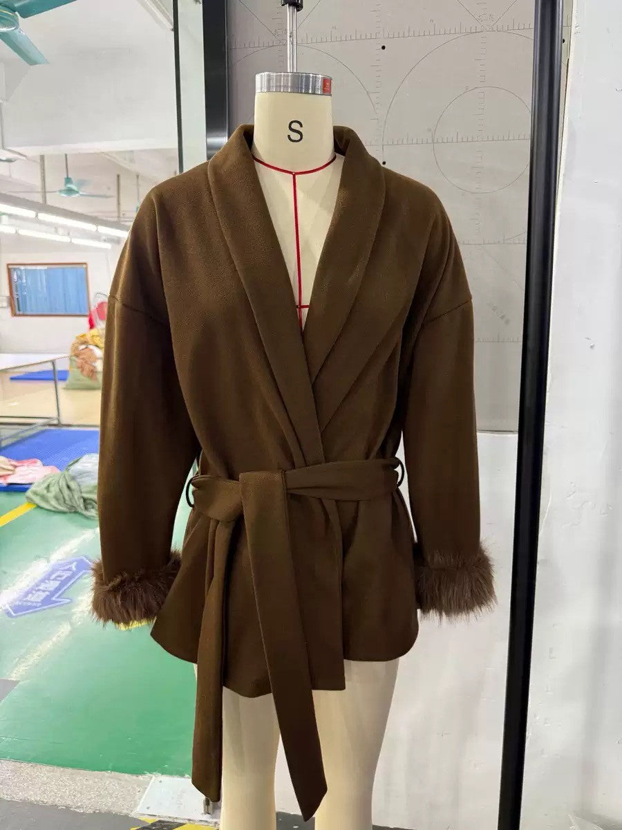 American Fashionable V-neck Lapel Furry Sleeves Lace-up Long-sleeved Woolen Coat Elegant Lace-up Long-sleeved Wool Coat