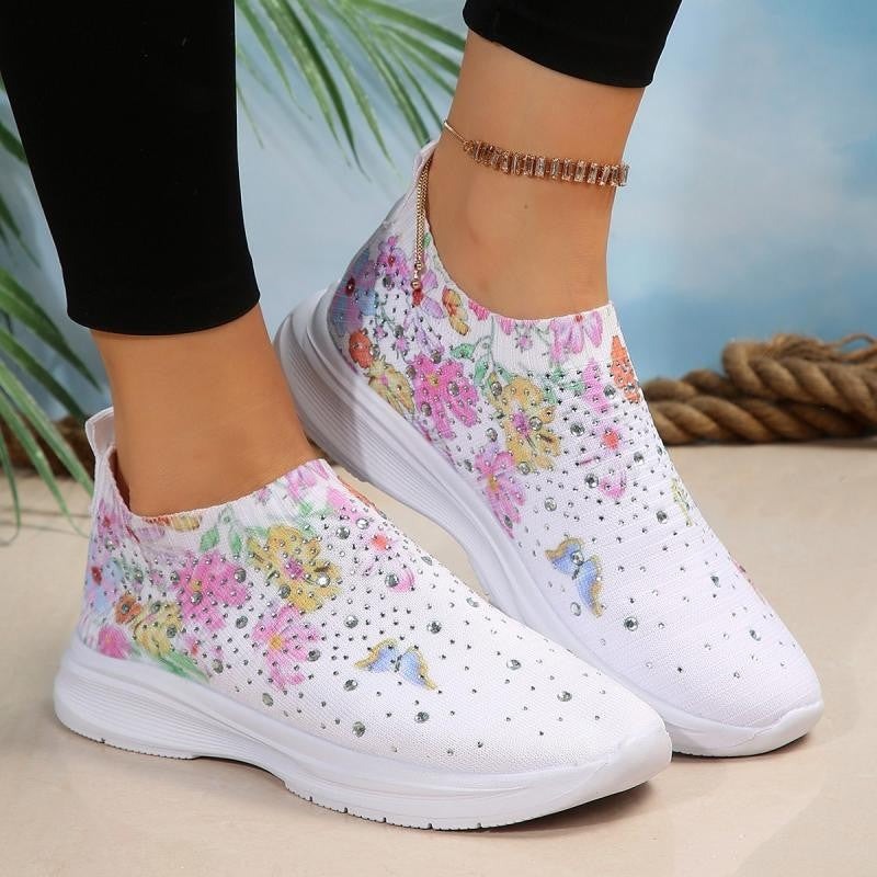 Floral Crystal Decor Slip On Sneakers Women Plus Size 35-43 Breathable Mesh Sports Shoes Woman Comfortable Soft Sole Flats Shoes