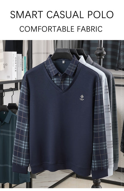 TFETTERS Business Men Polo Shirt 2025 Fashion Casual Slim Long Sleeve T Shirt Men Pullover Printed Plaid Shirts for Man Clothing