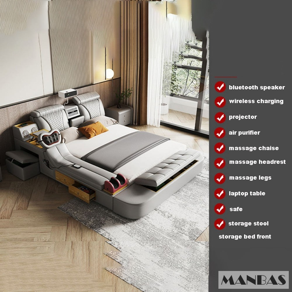 MANBAS Tech Smart Bed - the Ultimate Multifunctional Bedframe with Genuine Leather, Massage, Speaker, Projector, Air Purifier