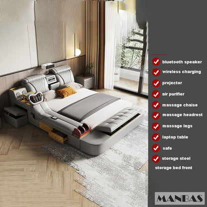 MANBAS Tech Smart Bed - the Ultimate Multifunctional Bedframe with Genuine Leather, Massage, Speaker, Projector, Air Purifier