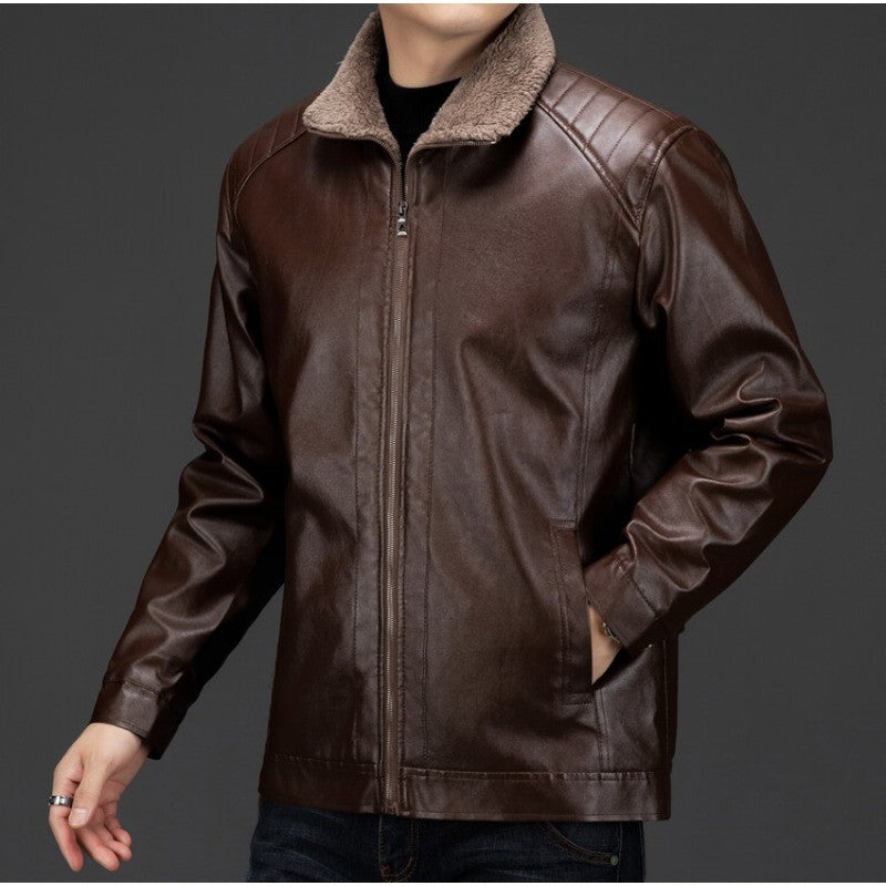 Men's Autumn and Winter Long Sleeved Leather Jacket with Fleece Collar for Warmth and Fashion Leather Jacket Men