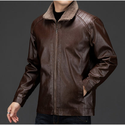 Men's Autumn and Winter Long Sleeved Leather Jacket with Fleece Collar for Warmth and Fashion Leather Jacket Men