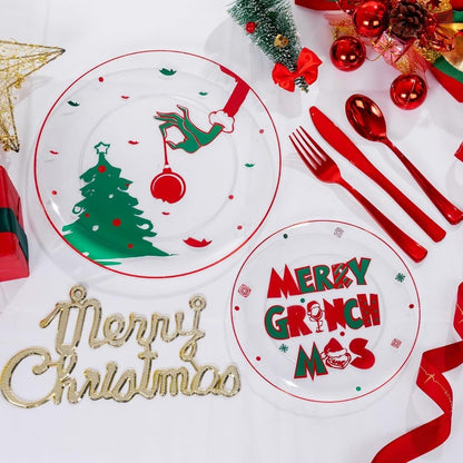 210 Peças Pratos Plásticos Transparentes Monstro Verde Conjunto Descartável de Louça de Natal Inclui 30 Pratos de Jantar, 30 Pratos de Sobremesa, 30 Garfos