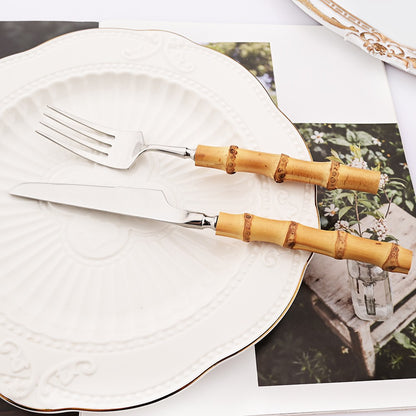 1Pç Conjunto de Talheres de Bambu Natural com Cabo de Aço Inoxidável Utensílios de Mesa Garfos de Jantar Colher Faca Talheres de Cozinha