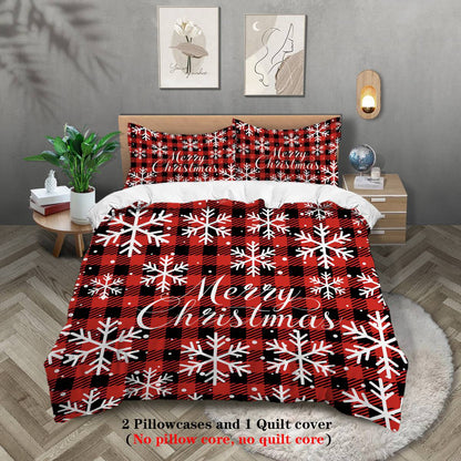 3-piece Christmas themed red checkered Christmas Happy English pattern print (1 duvet cover+2 pillowcases, no core) bedding set