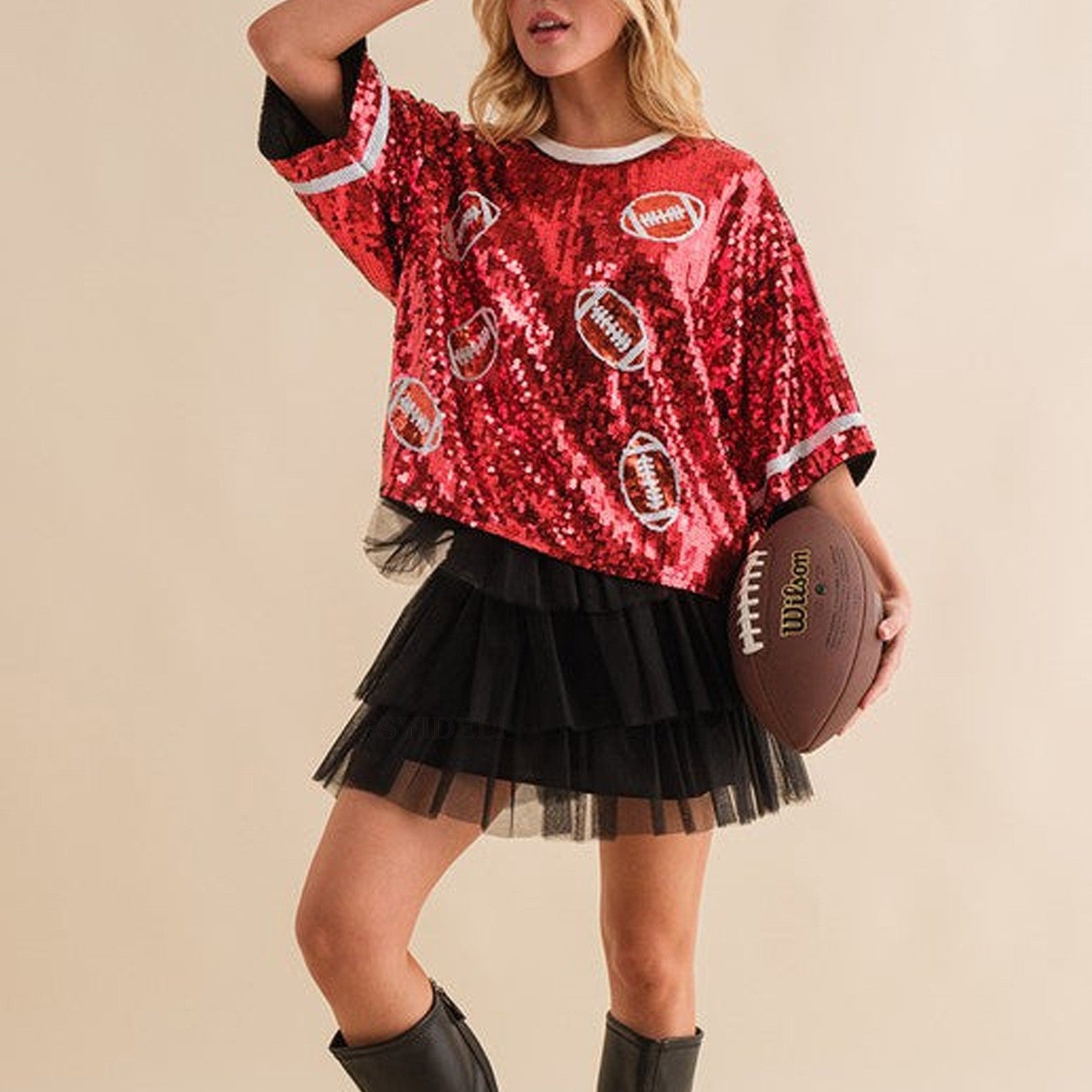 CHIC European American Festival Xmas Tree Bow Women Sequined T-shirt Short Top Casual Jersey Girls Short Sleeves Tee Christmas