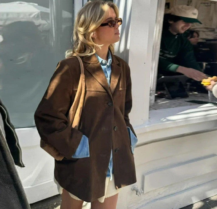 2024 Autumn Winter Woomen Suede Jacket With Lapel Woman Casual Single Breasted Pocket Long Sleeve Short Coat Street Overcoat