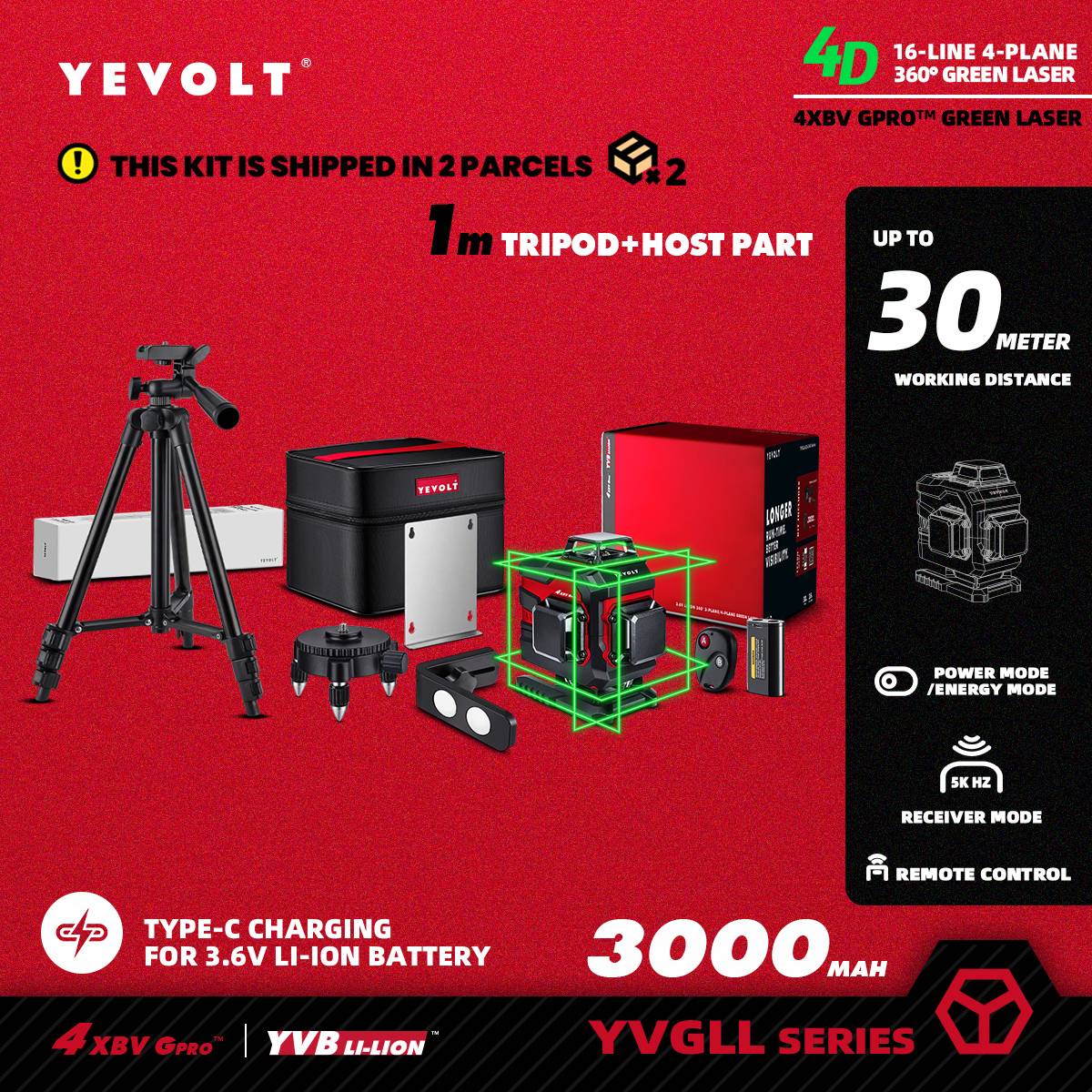 Nível a Laser Verde YEVOLT YVGLL4XS16 Series 4 Planos 16 Linhas Autonivelante 360 3D Ferramentas de Medição de Potência Horizontal e Vertical