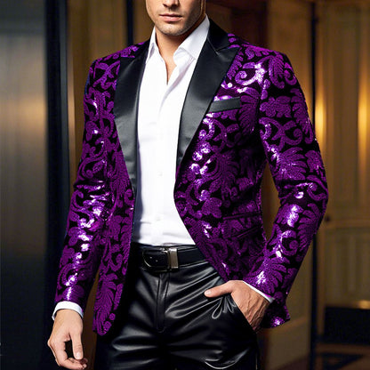 Shiny Sequin Embellished Single Button Stage Performance Outerwear in Blue Gold Green Purple Options for Men's Red Suit Jacket