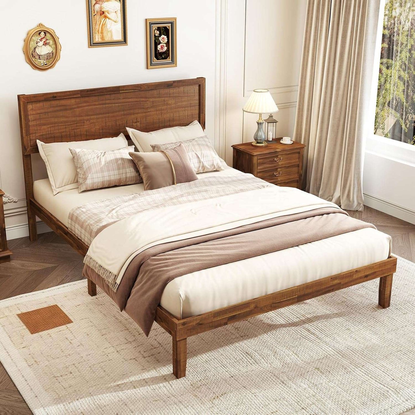 Wood Full Size Bed Frame with Headboard, Mid Century Modern Platform Bed Full with Solid Wood Legs & Wooden Slat Support