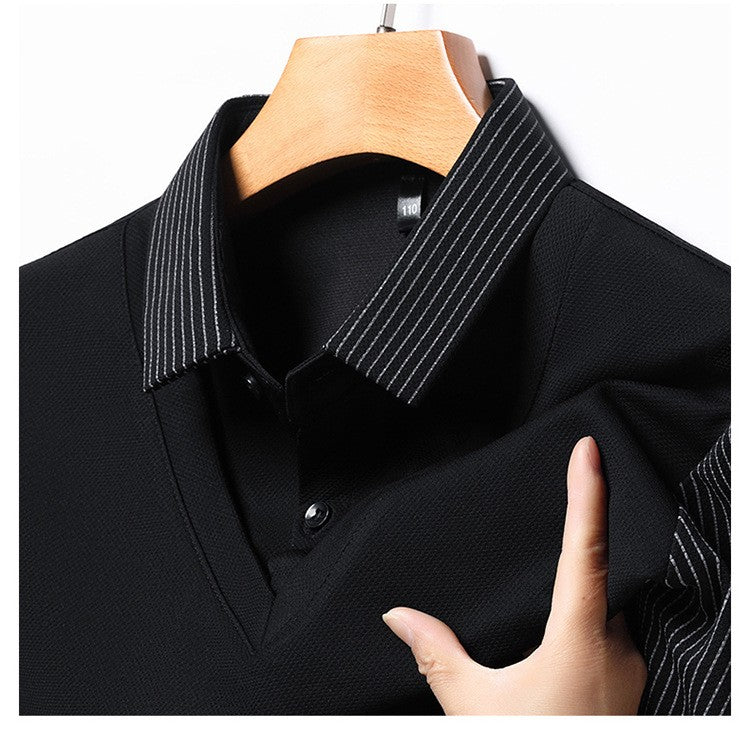 Fashion Fake Two-piece Men Long Sleeve Shirt Stripe Splice Lapel Loose Casual Pullover Tops 2025 Male Formal Business Polo Shirt