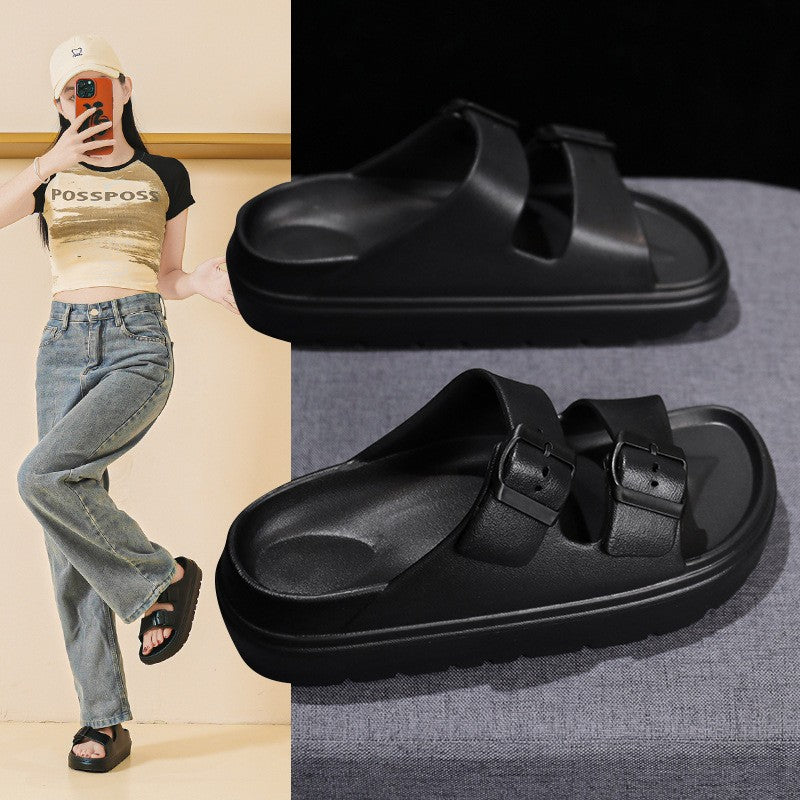 Kidmi New Summer Platform Women's Slippers Outdoor Double Buckle Embellished Sandals Non-slip Breathable Soft-soled Beach Shoes