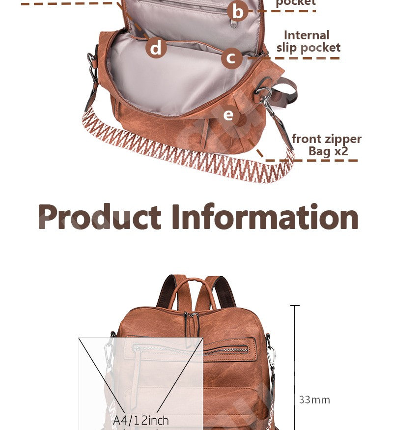 Women's Waterproof and Anti-theft PU Leather Large Capacity Retro Travel College Style Laptop Backpack Shoulder Bag Handbag