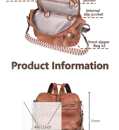 Women's Waterproof and Anti-theft PU Leather Large Capacity Retro Travel College Style Laptop Backpack Shoulder Bag Handbag