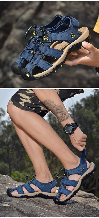 CLOHOO Men's Sandals Handmade Thick Bottom Rubber Breathable Casual Slip-On Beach Shoes Leather Upgraded Version