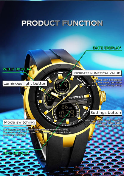 SANDA Mens Watches Countdown Waterproof Alarm Clock Wristwatch Multifunctional Luminous Men Quartz Digital Watch Alarm Clock