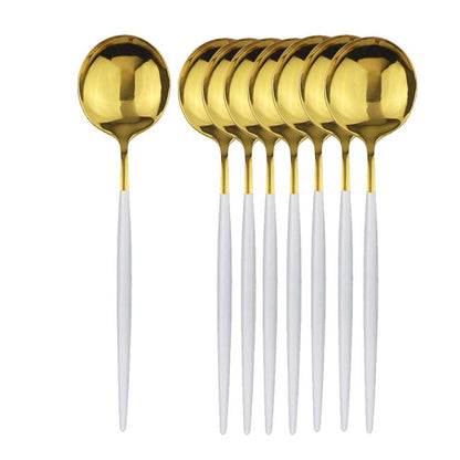 8 colheres de mesa de jantar, talheres de aço inoxidável, prateado, talheres dourados, utensílios de cozinha, talheres pretos.