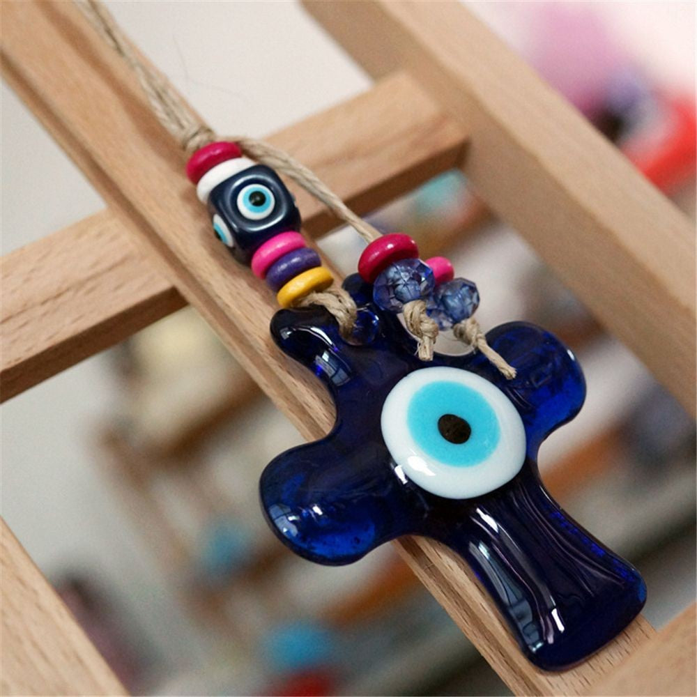 Good Luck Charm Glass Car Decoration Rear View Mirror Evil Eye Hemp Rope Navy Blue Hanging Ornament