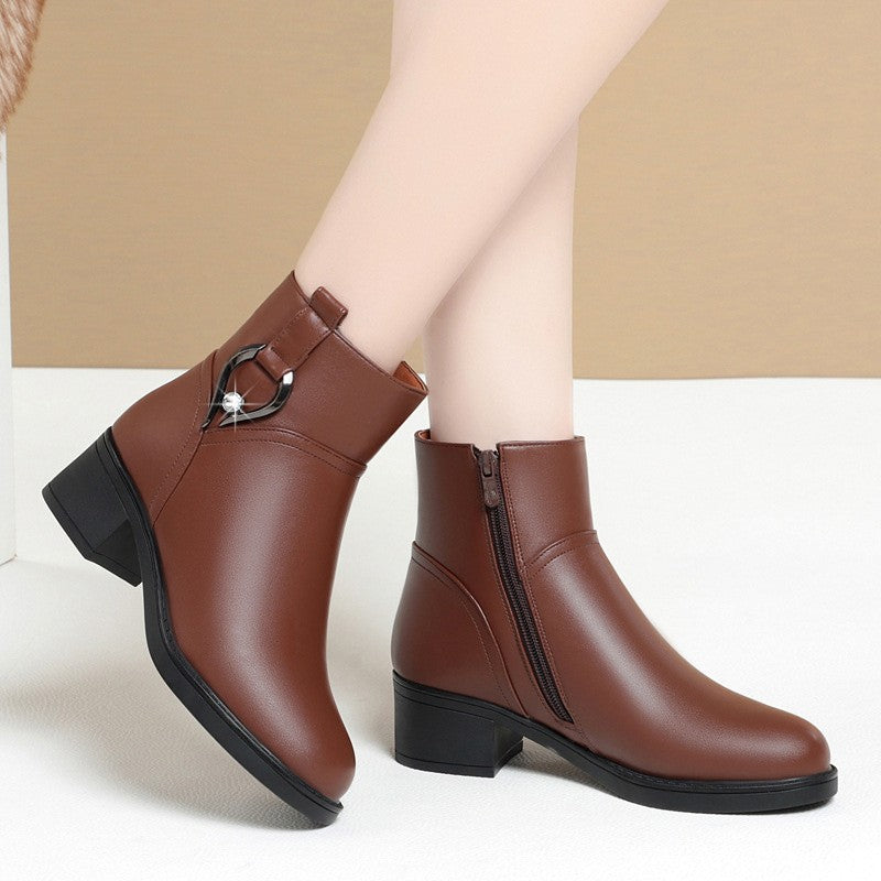 Women's Winter Waterproof Fashion Soft Leather Ankle Boots Mom Thick Plush Warm Cotton Shoes Thick Heel Platform Boots