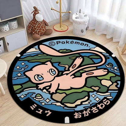MINISO Japanese Anime Pokemon Round Rugs Non-Slip Floor Mat for Home Living Room Bedroom Circle Rug Washable Round Carpet Decor
