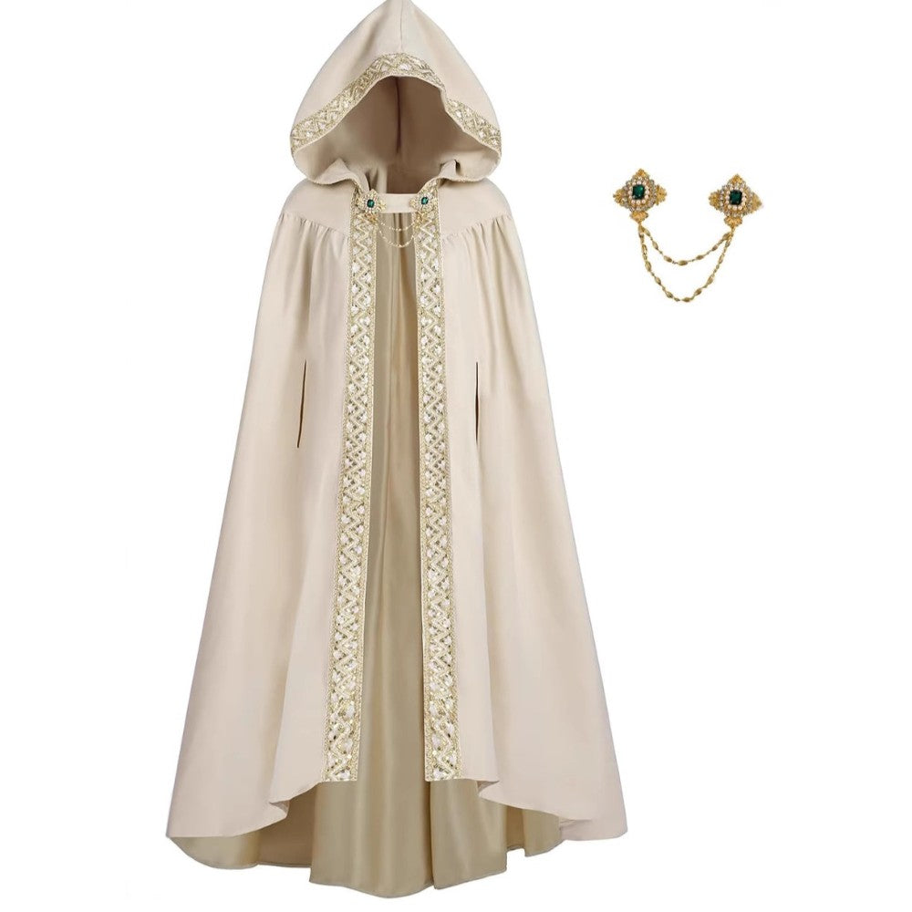 Elegant Medieval Hooded Floor Length CloakTrim Cape Chain Brooch for Adult Wedding Photoshoot Halloween Gothic Cosplay Costume