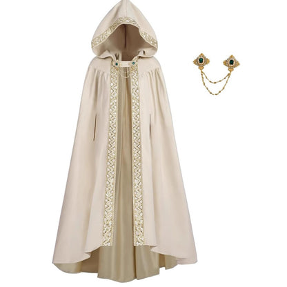 Elegant Medieval Hooded Floor Length CloakTrim Cape Chain Brooch for Adult Wedding Photoshoot Halloween Gothic Cosplay Costume