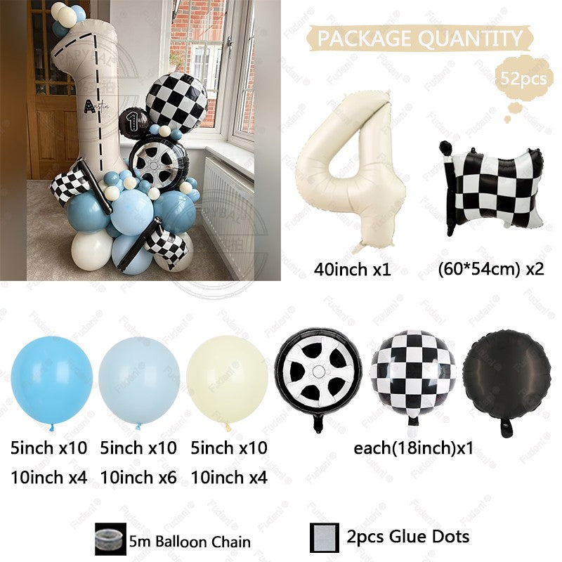 52Pcs Race Car Theme Balloon Set Blue Black Latex Balloons Checkered Flag Birthday Party Baby Shower Decor