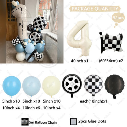 52Pcs Race Car Theme Balloon Set Blue Black Latex Balloons Checkered Flag Birthday Party Baby Shower Decor