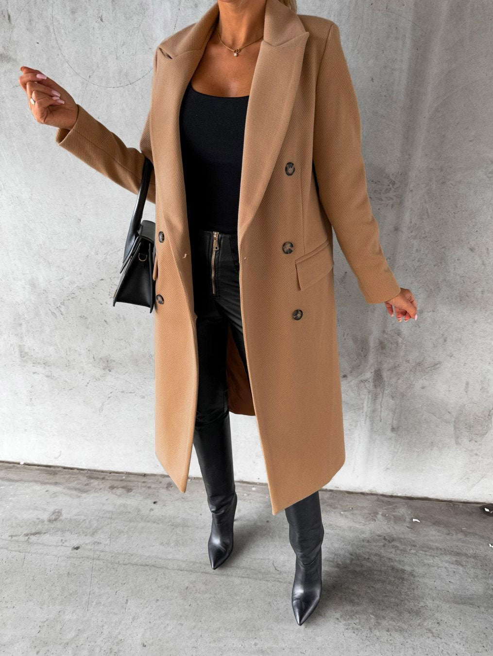 Autumn and Winter Women's Clothing Long-sleeved Lapel Solid Color Double-breasted Slim-fit Coat