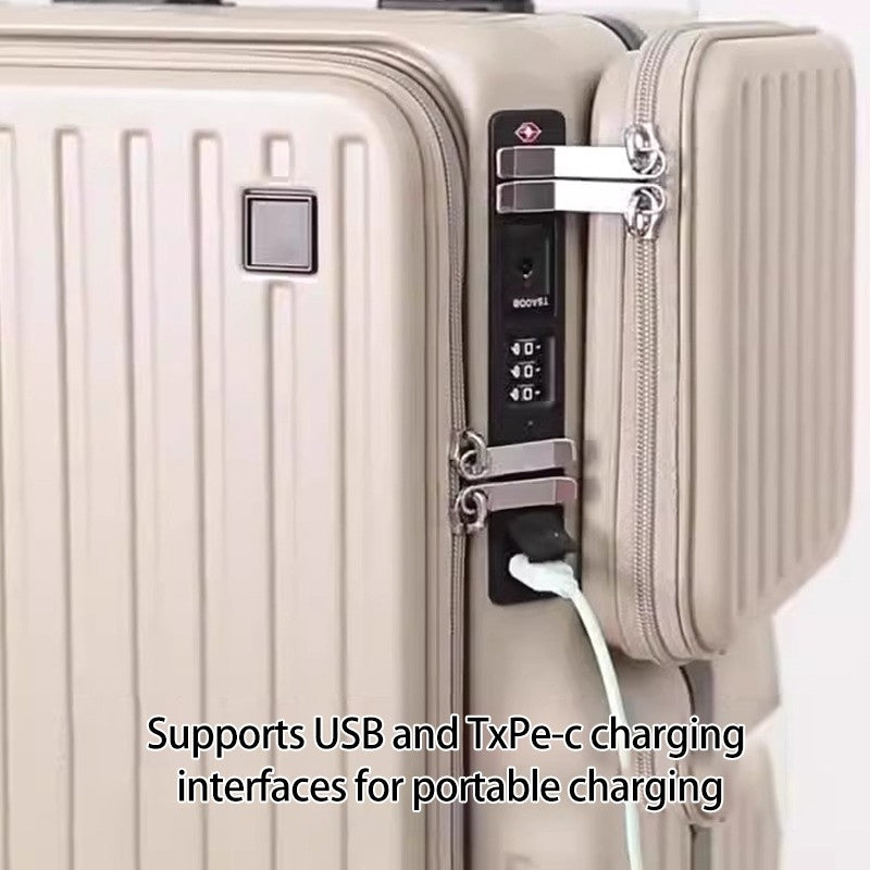 Mala de Viagem Multifuncional de Abertura Dupla de 20 Polegadas em PC com Porta USB, Suporte para Celular e Rodas com Freio, Bagagem de Viagem para Homens e Mulheres