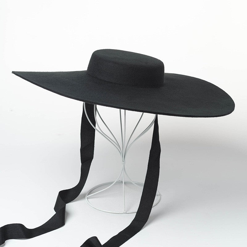 Chapéu de feltro de lã de 4cm de altura, aba grande de 15cm, chapéu fedora de copa rasa para homens e mulheres, chapéu de aba grande novo.