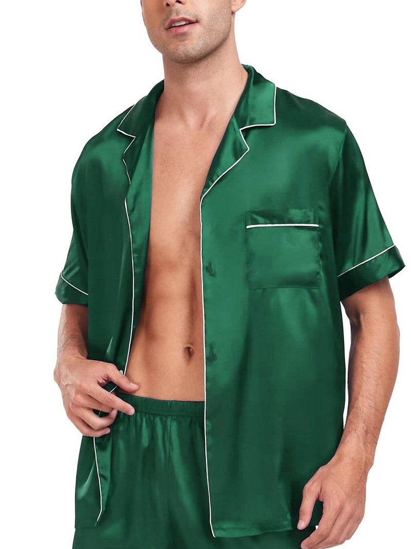 Men's Luxury Satin Pajama Set Short Sleeve Lapel Front Buttons Top And Elastic Shorts Comfortable Fit Loungewear Sleepwear Pjs