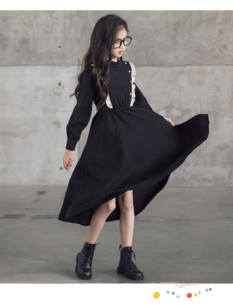 Girls' Dress New Style For  Children Stand Collar Waist-Cinching Slimming Mid-Length Dress Long Sleeve For Kids 5-12Y