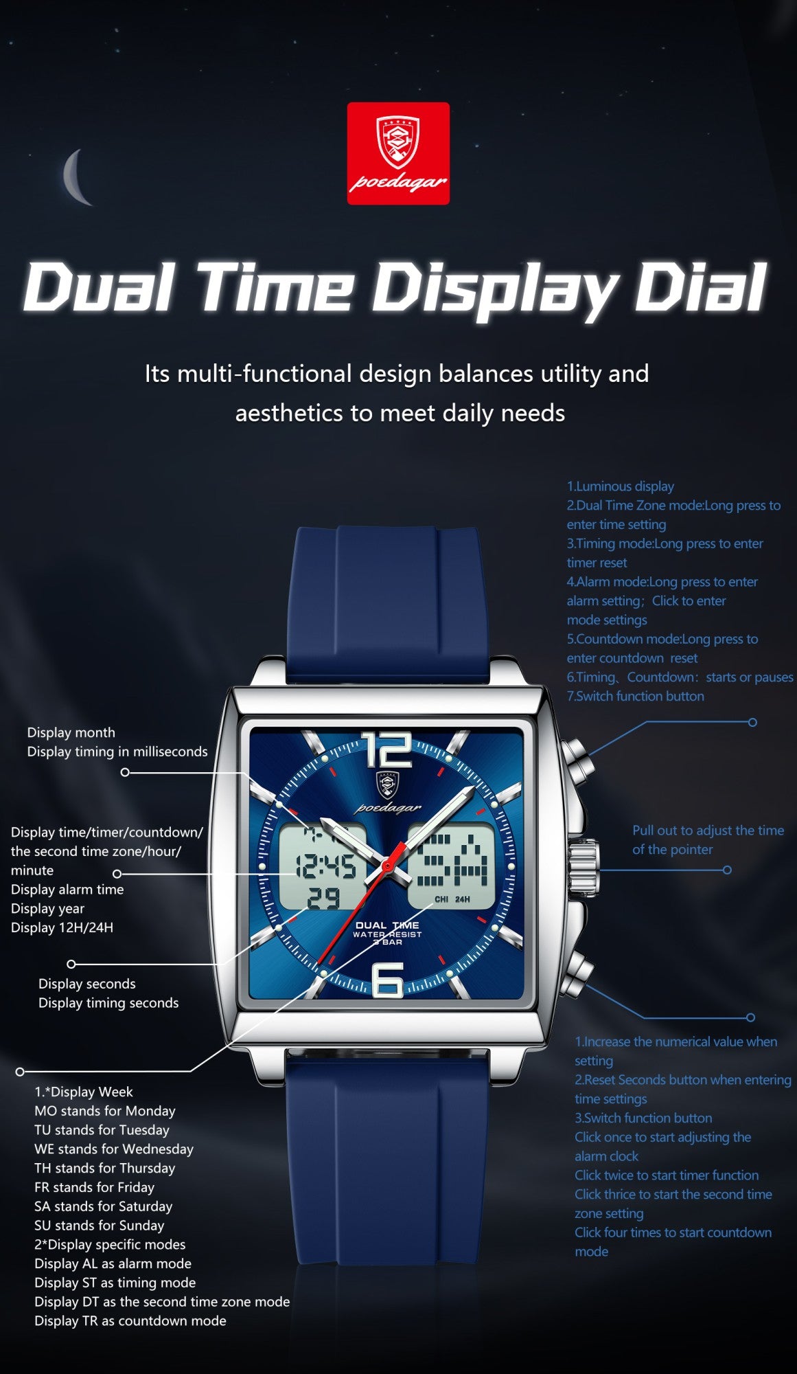 POEDAGAR Luxury Top Man Watch Electronic Square LED Alarm Chronograph Men's Watches Week Date Dual Time Display Men Quartz Clock