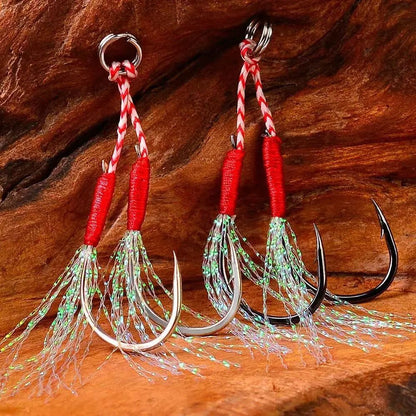 10 pçs/Lote Anzol Auxiliar Cast Jig Aço Carbono Ângulo Farpa Rosca Pena Isca Pesca Lento Jigging Mar Pesca Anzol