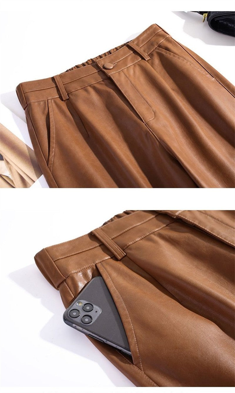 2023 Spring Autumn Sheepskin Pants Women High-waist Straight Pants Slim Lady Genuine Leather Casual Trousers Ankle-Length Pants