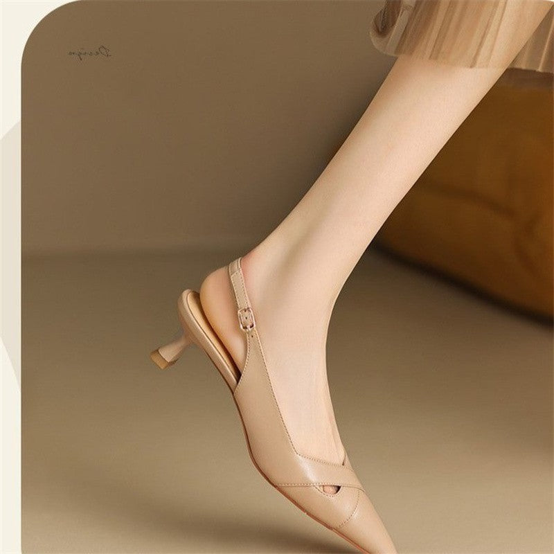 New Summer Fashion Comfortable Casual Wear-resistant Shallow Mouth Pointed Toe Toe Hollow Back High Heels Sheepskin Sandals